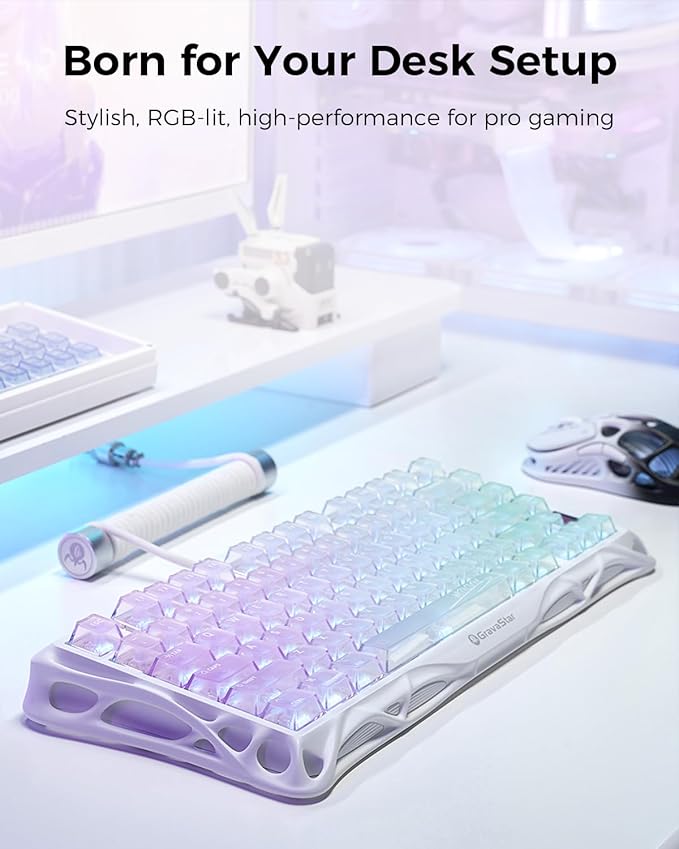 GravaStar Mercury K1 Lite 75% Gaming Keyboard 2.4GHz/BT/Wired Tri-Mode Wireless Keyboard Clear Keycaps Gasket Hot Swappable Mechanical Keyboard Pre-lubed Linear Switches RGB Backlit-Crystal Aurora