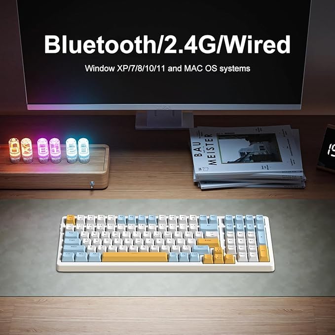 Wireless Mechanical Keyboard Triple Mode 2.4G/USB-C/BT Gaming Keyboards 100 Keys Ice-Blue Backlit Brown Switch Keyboard | Rechargeable Mechanical Gaming Keyboards | Ice Blue/W/Y
