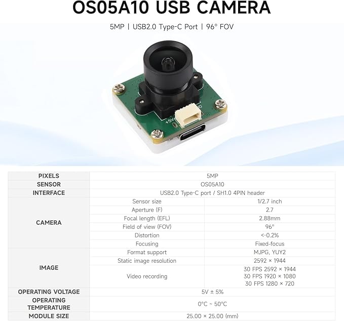 OS05A10 5MP USB Camera (A) Supports USB2.0 Type-C Port and SH1.0 4PIN Header @XYGStudy