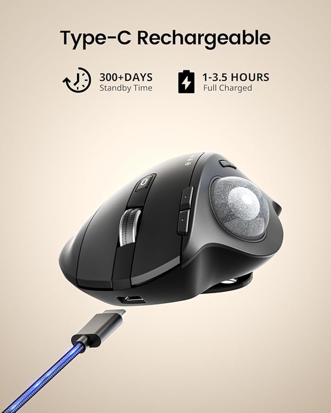 ProtoArc Wireless Trackball Mouse EM01 NL Ergonomic Bluetooth Rollerball Thumb Rechargeable Computer Laptop Mouse Adjustable Angle &amp 3 Device Connection for PC Mac Windows-Silver Ball