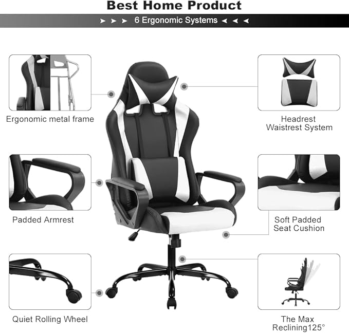 Ergonomic Gaming Chair High Back PU Leather Office Chair with Adjustable Lumbar Support &amp Headrest – Swivel Computer Desk Chair for Adults Teens Kids – Heavy Duty Executive Red Game Chair - Whi