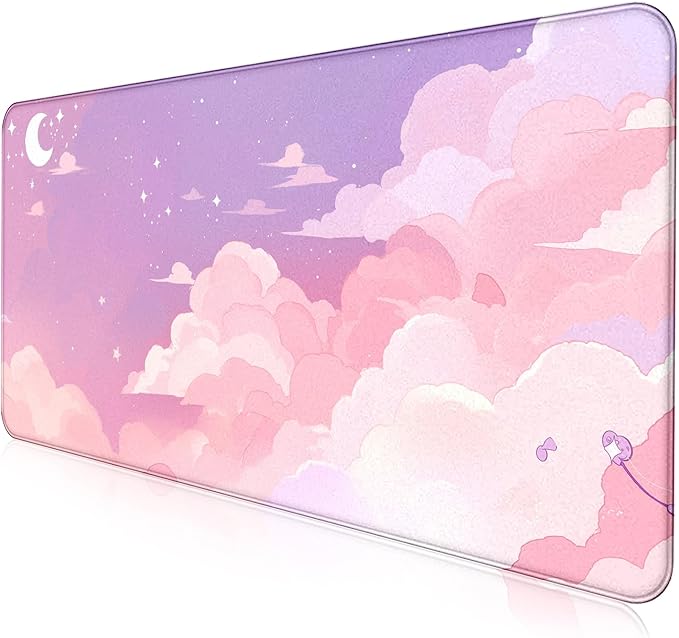 Cute Anime Cloud Desk Mat Beautiful Pink Stitching Edge Non Slip Rubber Mouse Pad Suitable for Female and Girl Office Decoration 35.4 x 15.7 x 0.12 Inches