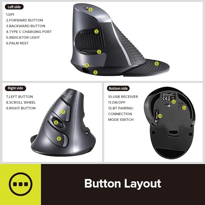 DELUX Ergonomic Vertical Mouse Wireless Rechargeable Vertical Mouse Bluetooth/2.4G Dual Mode Slient Click Removable Wrist Rest 800/1200/1600DPI Levels 6 Buttons for Laptop/PC (M618G DB-Black)