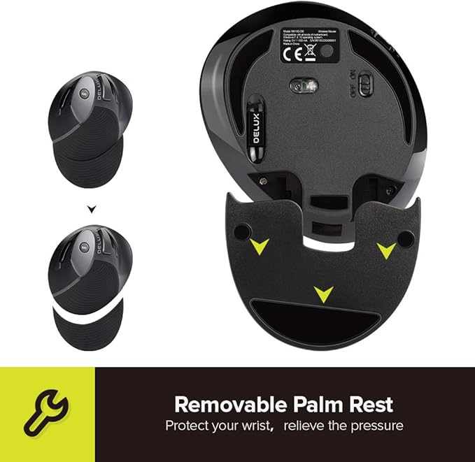 DELUX Ergonomic Vertical Mouse Wireless Rechargeable Vertical Mouse Bluetooth/2.4G Dual Mode Slient Click Removable Wrist Rest 800/1200/1600DPI Levels 6 Buttons for Laptop/PC (M618G DB-Black)
