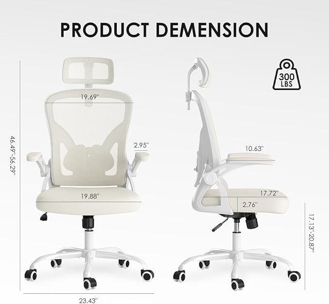 Ergonomic Office Chair with Adjustable Headrest and Flip-Up Armrests - High Back Mesh Computer Desk Chair with Lumbar Support for Home Office Gaming and Study 300 lbs Capacity (White Model E)
