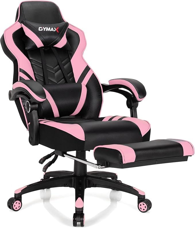 GYMAX Gaming Chair Ergonomic Computer Chair with Footrest Linkage Armrests &amp Lumbar Cushion Big Wide High Back Video Gaming Chair Reclining Office Rolling Chair for Adult/Teens (Pink)