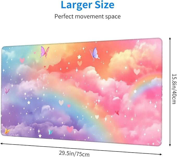 Rainbow and Clouds with Butterflies Desk Cover MatExtended Large Mouse PadComputer Laptop Mat Desk Decor for Office Game Home 30x16 Inch