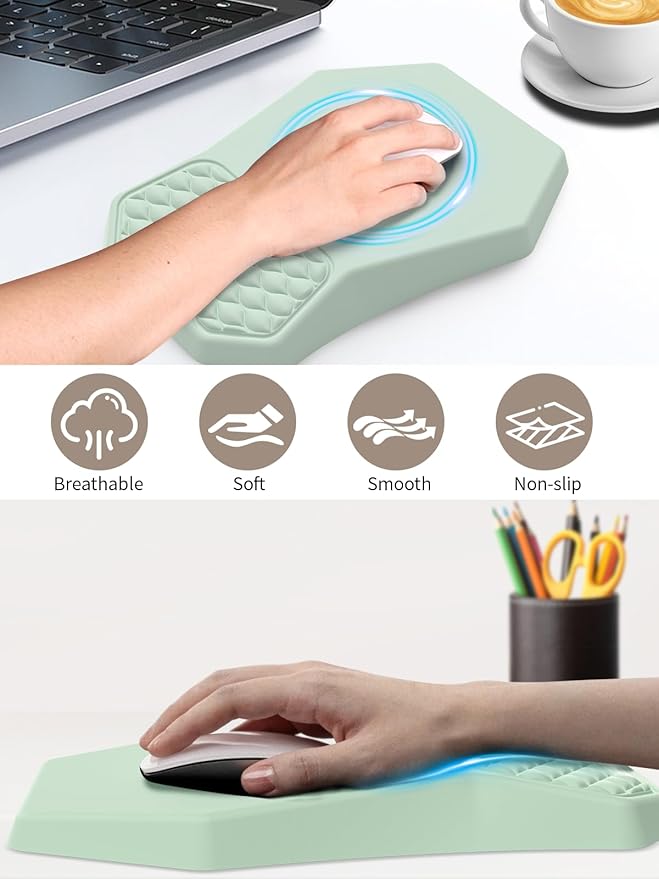 3-in-1 Ergonomic Keyboard Stand with Wrist Rest &amp Mouse Pad Set Comfy Keyboard Riser Holder Soft Mousepad with Massage Design Memory Foam and Non-Slip PU Base for Pain Relief Light Green