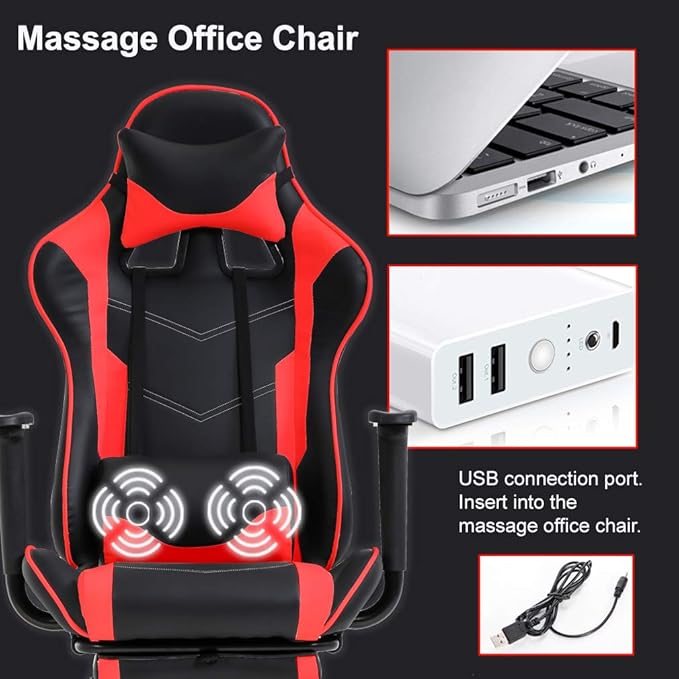 BestOffice Women's Red Gaming Chair Sturdy Faux Leather 360-Degree Rotating Lumbar Support Massage Vibration Easy Assembly 21.7W x 20.9D x 45H