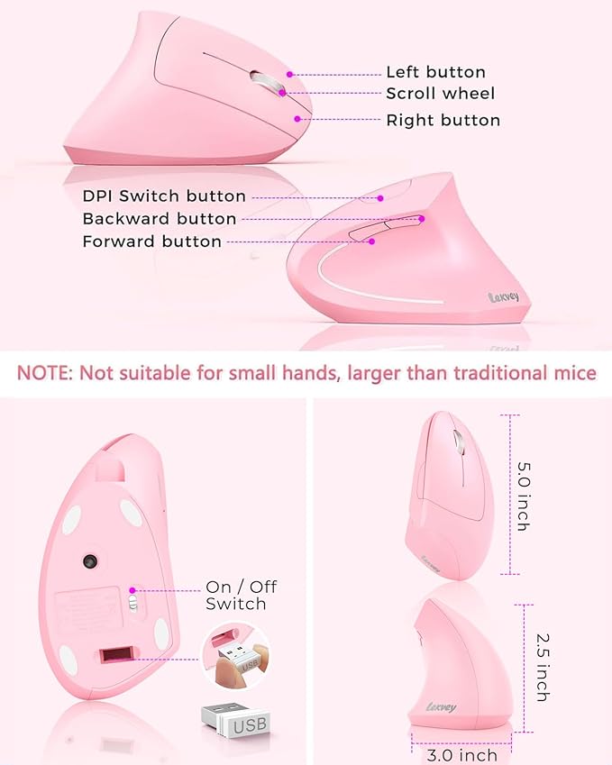 Lekvey Ergonomic Mouse Vertical Wireless Mouse Rechargeable 2.4 GHz USB Optical Carpal Tunnel Mice : 800/1200 / 1600 DPI 6 Buttons for Laptop PC Mac Computer Desktop Notebook etc Pink