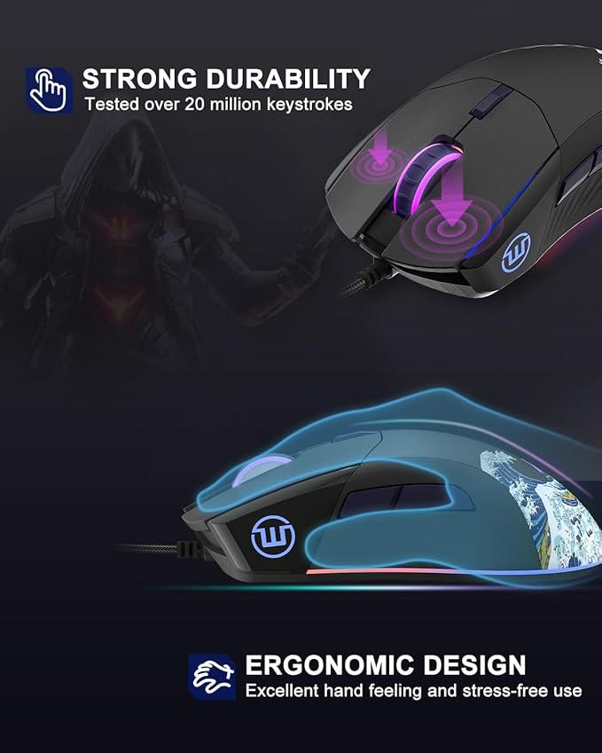 COSTOM Womier USB Wired Gaming Mouse for PC Computer Windows Mac Laptop Lightweight Silent RGB Backlit Mouse with Adjustable 12000DPI/7 Programmable Side ButtonsBlack Kanagawa Theme-G705 V2