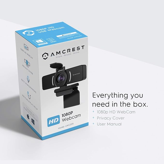Amcrest 1080P Webcam with Microphone &amp Privacy Cover Web Cam USB Camera Computer HD Streaming Webcam for PC Desktop &amp Laptop w/Mic Wide Angle Lens &amp Large Sensor for Superior Low Light