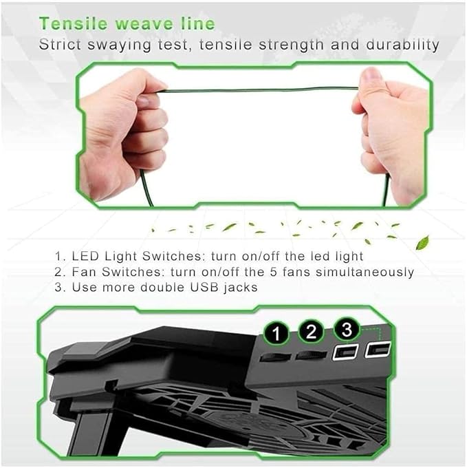Laptop Radiator BaseQuiet Cooling Fan 1400 RPM High Speed with 5 Silent Big Fans Suitable for 10-15.6'' Laptop