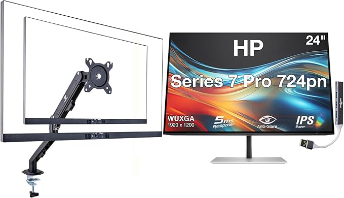 HP Series 7 Pro 724pn 24 WUXGA IPS Monitor with 5ms Response Time Anti Glare Flicker Free VESA Mount (100mm) Displayport HDMI Black/Silver (8X534AA#ABA) w/DKZ Hub &amp ErgoFlexy Single Mount A