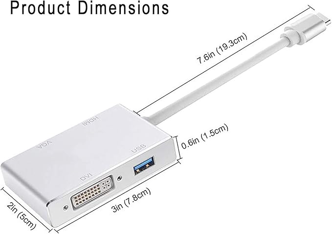 USB C to VGA HDMI DVI USB3.0 Adapter 4 in 1 USB3.1 Type-C Hub Male to Female Multi-Display Video Converter for Mac Pro MacBook Air iPad Pro XPS and More
