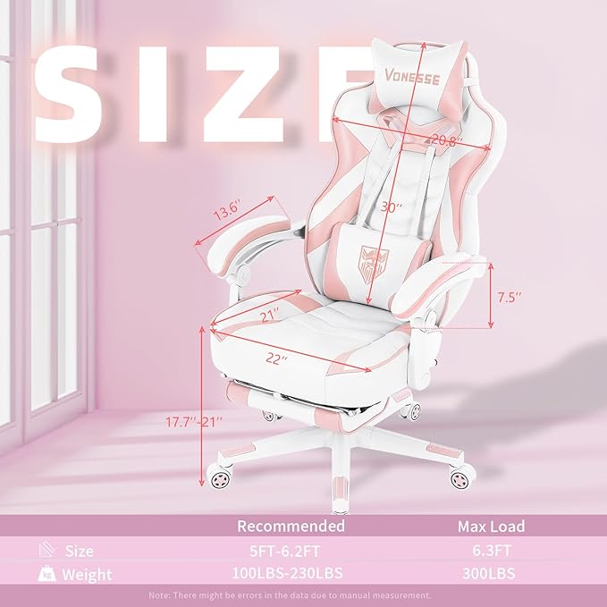 Vonesse Pink Gaming Chair Big and Tall Gaming Chair with Footrest and Massage Gaming Chairs for Adults with Lumbar Support Ergonomic High Back Computer Chair with Pocket Spring Cushion (White/Pink)