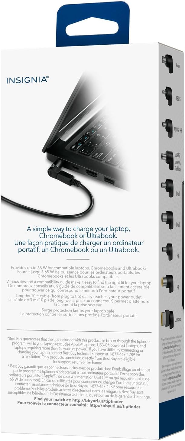 Insignia 65W Universal Laptop Charger Replacement Adapter 10 ft. Cable for Dell HP Acer Asus HP Dell Lenovo IBM Notebook Ultrabook Chromebook Surge Protection Power Supply