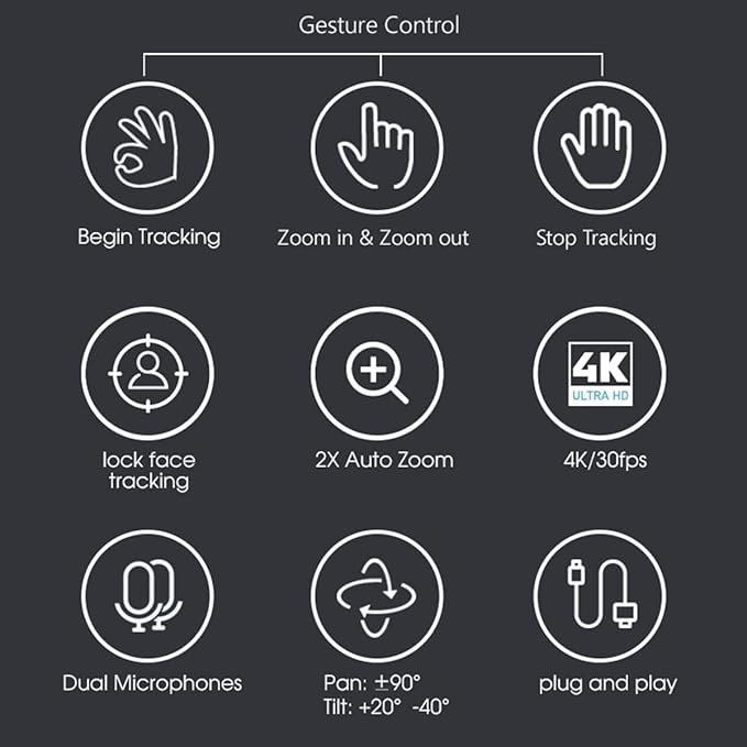 Project Telecom Hawk AI 4K Auto Tracking PTZ Webcam Gesture Control Wired USB-A &amp USB-C Black Compatible with Microsoft Teams Zoom Cisco Webex