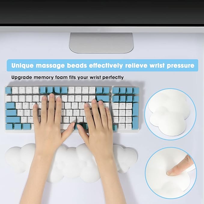 ATTACK SHARK Cloud Mouse Pad Wrist Support and Keyboard Wrist RestErgonomic Design for Typing Pain ReliefMemory Foam Wrist Rest Leather Cup Coaster for DeskOfficeComputer LaptopMac(White)