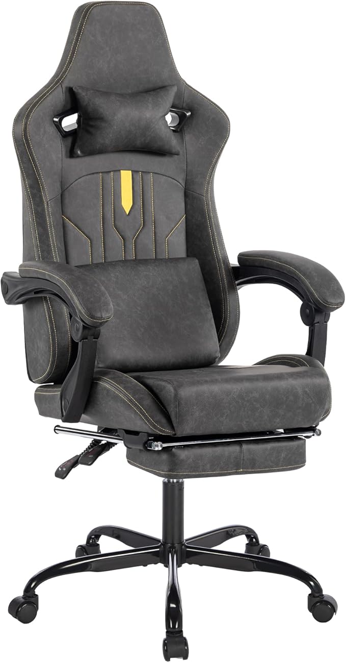 Premium Grey Gaming Chair - Ergonomic Video Game Chair with Massage Lumbar Support &amp Adjustable Footrest PU Leather Racing Seat for Adults