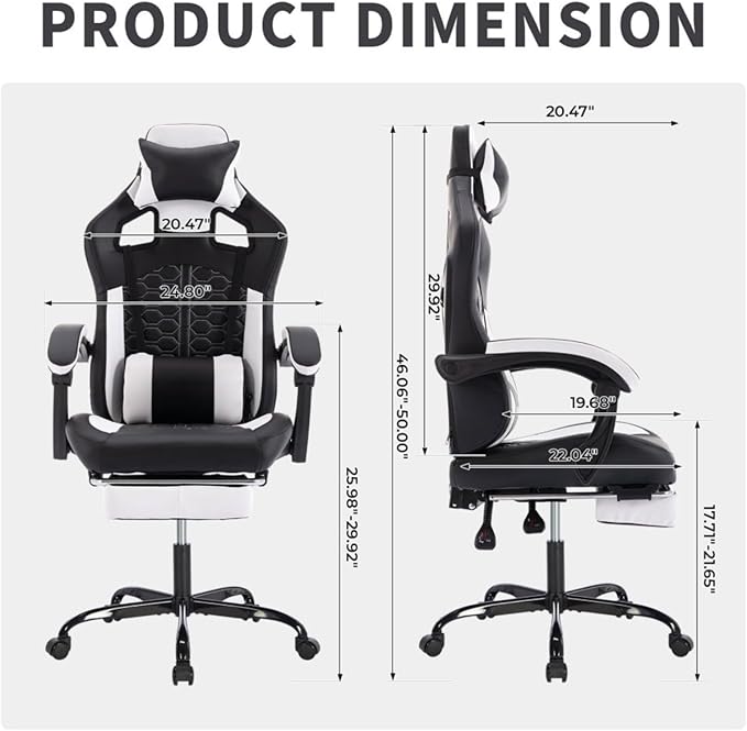 Gaming Chair with MassageErgonomic PC Gaming Chair with Footrest Comfortable Headrest and Lumbar SupportHigh Back PVC Leather300LBS (Black White)