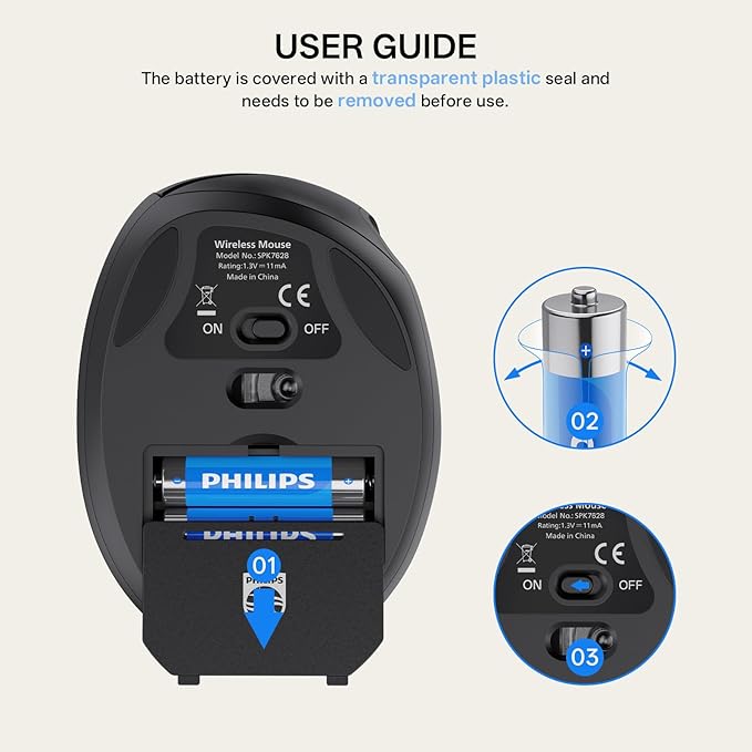 Philips Ergonomic Mouse - Vertical Mouse with 800/1200/1600 Adjustable DPI 6 Silent Buttons Design for S/M Hands Auto Power Saving Light Weight 2.4GHz Wireless Mouse for Laptop Desktop PC-Black