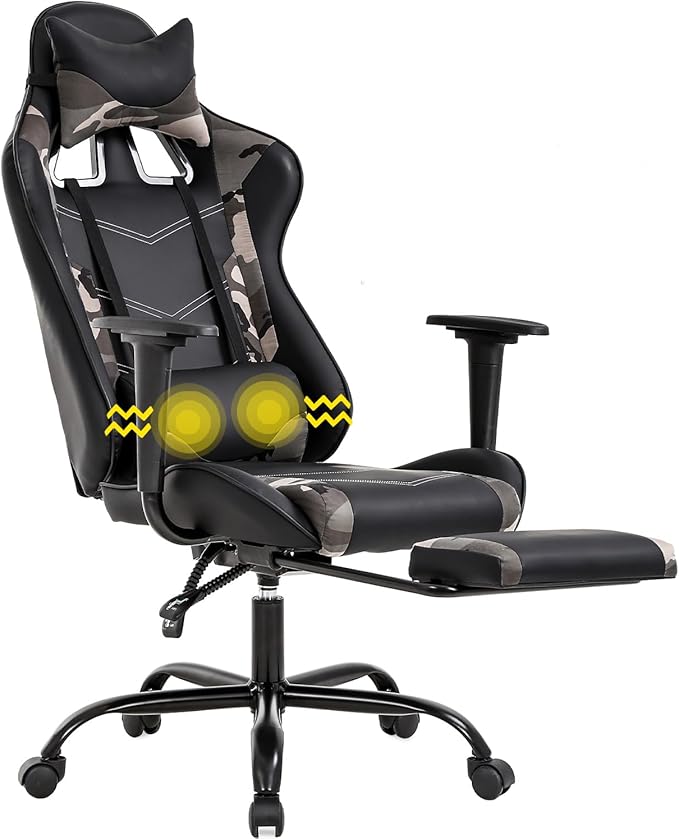 Gaming Chair Video Game Chair with Lumbar Support and Footrest Height Adjustable Ergonomic Computer Gaming Chair with 360° Swivel Seat and Headrest and for Office or Gaming (Camo)
