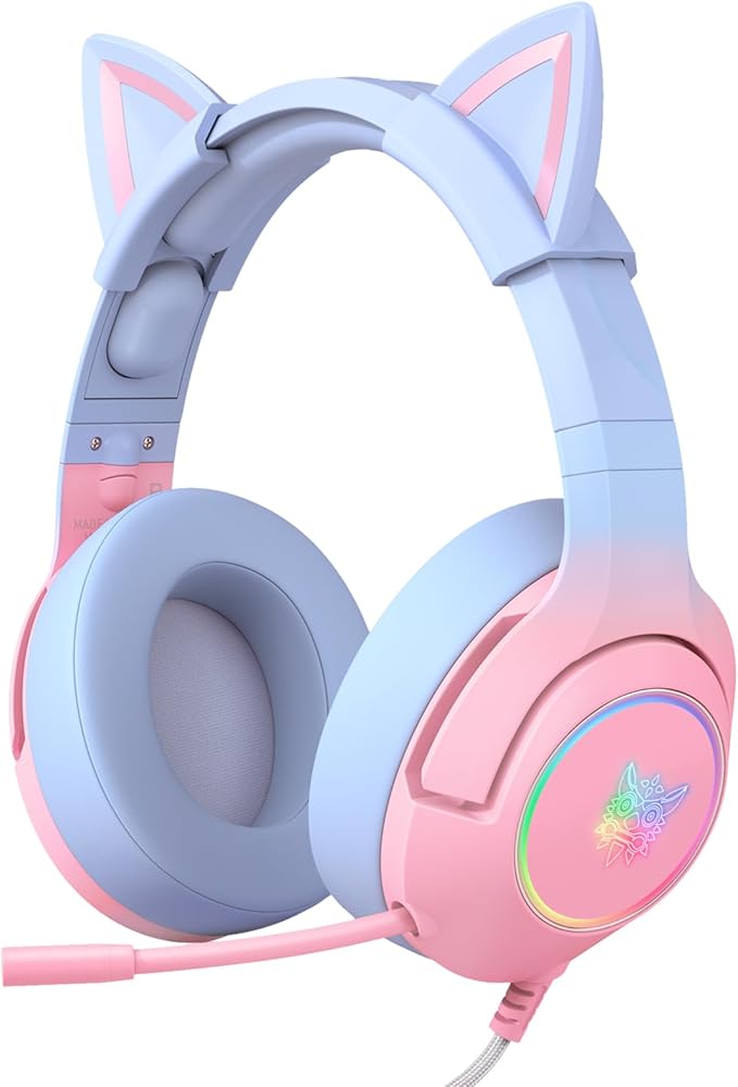 PHNIXGAM Gaming Headset for PS4 PS5 Cat Ear Headphones with Retractable Microphone RGB Backlight Surround Sound for PC Mobile Phone Gradient Pink Blue