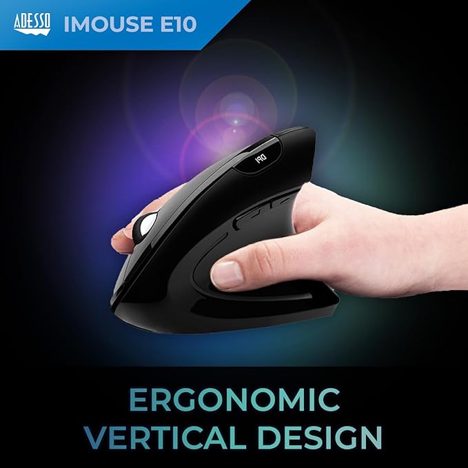 Adesso iMouse E10 - Vertical Ergonomic Optical 6-Button 2.4 GHz RF Wireless Mouse - Right Hand Orientation Black