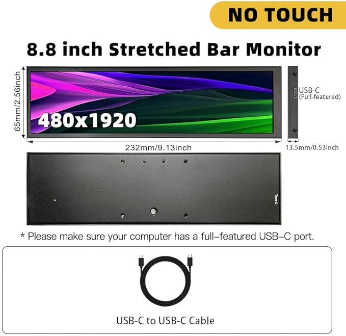 8.8-inch Touchscreen Bar Display 1920x480 Metal Shell IPS Portable Touch Monitor with USB-C Port. Compatible with Raspberry Pi Laptop Aida64 Monitoring GPU/CPU Stats and PC Case Mini Screen