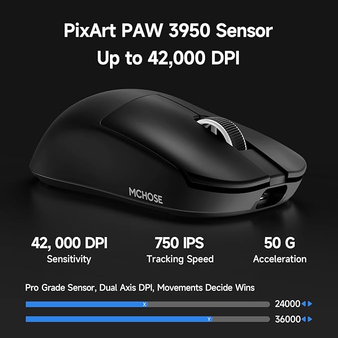 MCHOSE L7 Ultra+ Wireless Gaming Mouse Ultra-Lightweight Ergonomic Mouse with 42K DPI PAW3950 Optical Switch 20000 FPS Dual 8K Polling and 7 Programmable Buttons 3-Mode Connect PC/Mac - Black