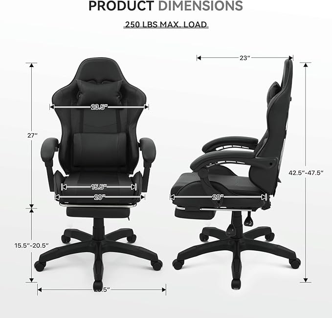 Gaming Chair Ergonomic Computer Chairs with Arms Lumbar Support Footrest Headrest 360°Swivel Chair Adjustable Back and Height Leather PC Chairs for Gaming Study Office Black