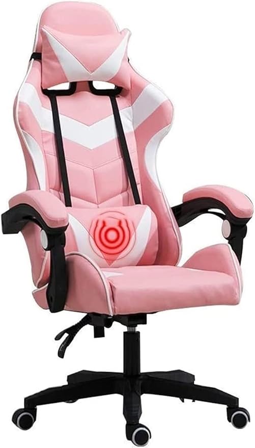 Ergonomic E-Sports Gaming Chair with Massage Lumbar Support Adjustable Height Retractable Footrest USB Massage Pillow(Pink White)