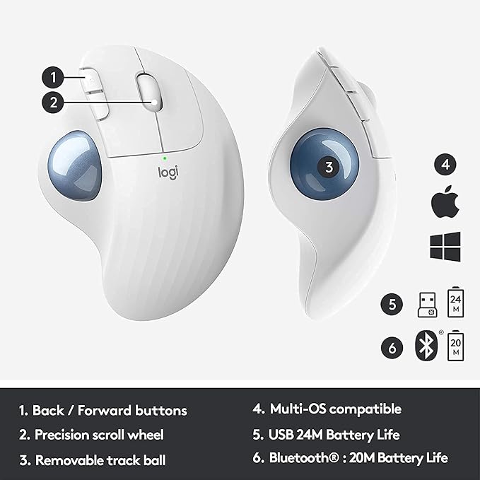 Logitech Ergo M575 Wireless Trackball Mouse Easy Thumb Control Precision and Smooth Tracking Ergonomic Comfort Design Windows/Mac Bluetooth USB - Off White (Renewed)