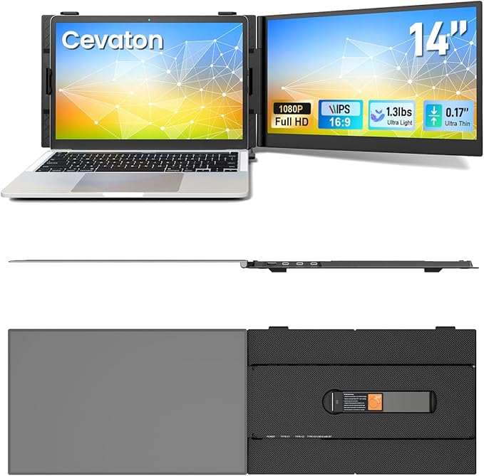 Laptop Screen Extender 14 Ultra-Slim &amp Lightweight Portable Monitor for 13-17 Laptops 1080P FHD Dual Monitor One Cable Connection Compatible with Wins/Mac/Android/Linux/Chrome (Grey)
