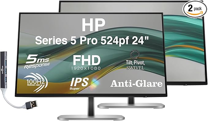 HP Series 5 Pro 524pf 24 FHD Monitor with 100 Hz 350 Nits WUXGA IPS 5ms Anti-Glare Flicker Free VESA Mount (100mm) Adjustable Height Swivel Pivot &amp DKZ USB Port Expander | Black/Silver 2 P