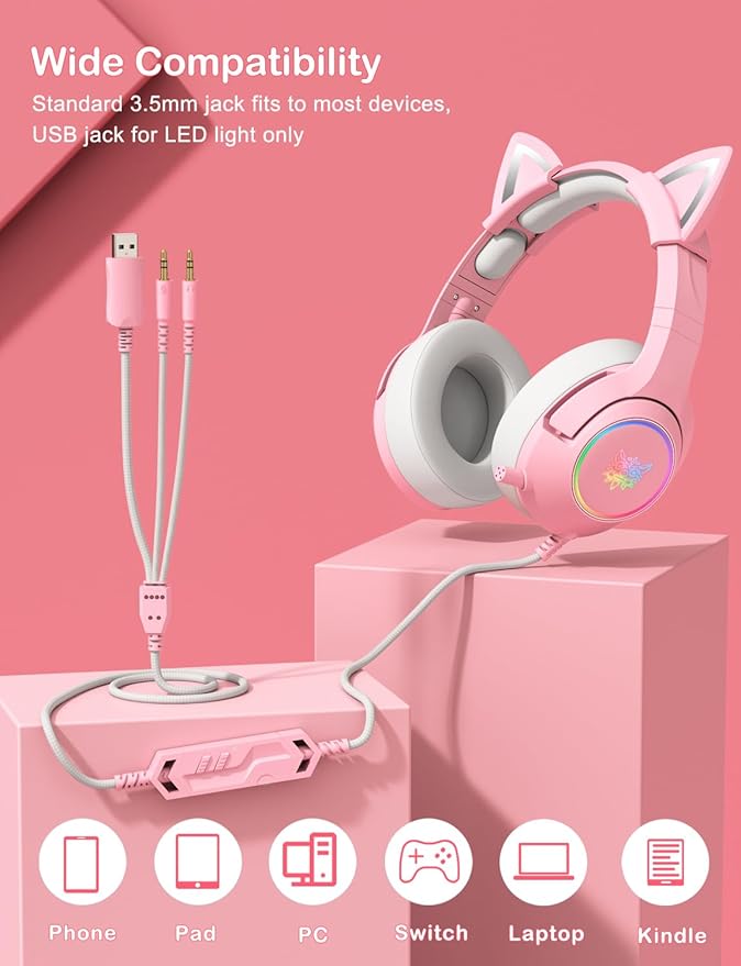 Cat Ear Gaming Cute Headset Wired Over-Ear Headphones with Retractable Microphone Surround Sound LED Backlight for PS4 PS5 PC Mobile Phone (Light Pink)
