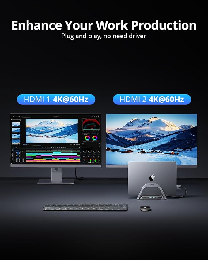 4URPC MacBook Pro Docking Station Dual Monitor 4K@60Hz with 100W Power Adapter USB C Docking Station Vertical Stand for MacBook Pro/Air with 2 HDMI USB 3.0 SD&ampmicroSD Ethernet Audio
