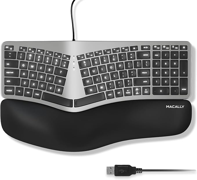 Macally Wired Ergonomic Keyboard for Mac - Compatible Backlit Apple Keyboard with Wrist Rest (Curved for Comfort) for MacBook Pro/Air iMac Mac mini