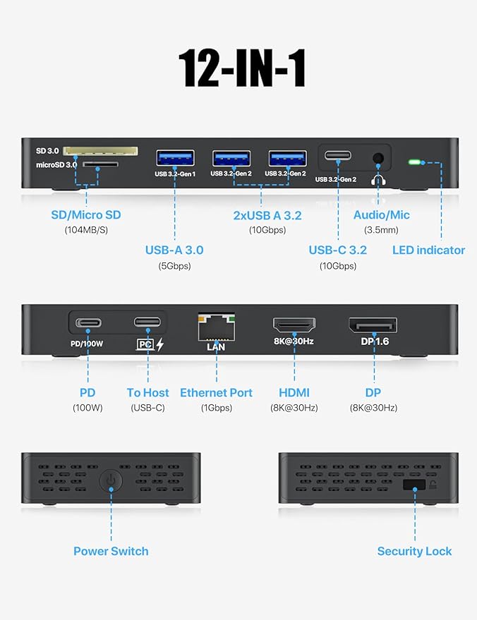 ZIUMIER USB C Docking Station Dual Monitor 12 in 1 Laptop Docking Station - Single 8K or Dual 4K Displays 1 HDMI 1 DP 100W PD 3x10Gbps USB-A/C Data 5Gbps USB-A Data Ethernet Audio SD/Micro SD