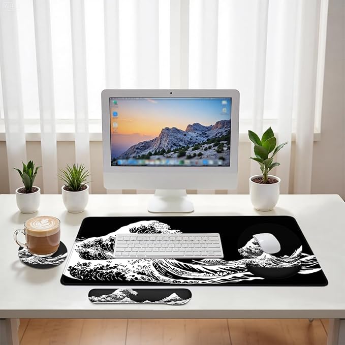 Wave Mouse Pad Set Japanese Black White Mount Fuji Kanagawa Gaming Mousepad 4in1 Desk Mat for Desktop Anti-Slip XXL Big Computer Ergonomic Mousepad with Wrist Support for Keyboard and Mouse