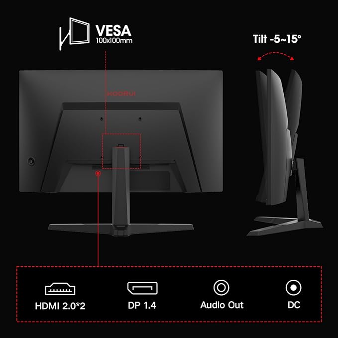 KOORUI 27 Inch Curved Gaming Monitor QHD (2560 x 1440) 180Hz 1ms 1500R Display Adaptive Sync 90% DCI-P3 HDMI 2.0 &amp DisplayPort 1.4 VESA Tilt Eye Care 27E6QCA