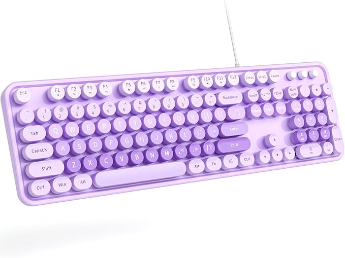 Large Print Keyboard Wired Full Size Wired Retro Round Keyboard with Foldable Stands Plug and Play for Laptop and Office PC- Purple Colorful