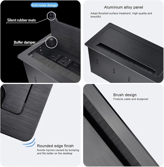 Tabletop Multimedia Connectivity Box with 4 AC Power+2 HDMI+2 RJ45+1 USB3.0 Port +1 USB-C +2 Audio with 5.58ft Power Cord for Conference Room Office Desk(Black)