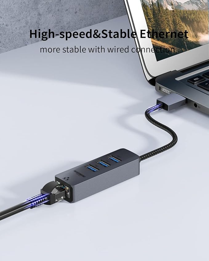 USB to Ethernet Adapter USB Ethernet Adapter for Laptop RJ45 Hub with 3*USB 3.0 Gigabit 10/100/1000 Mbps Support Windows Mac OS Surface Pro Linux XPS Smart TV and More (2Pcs)