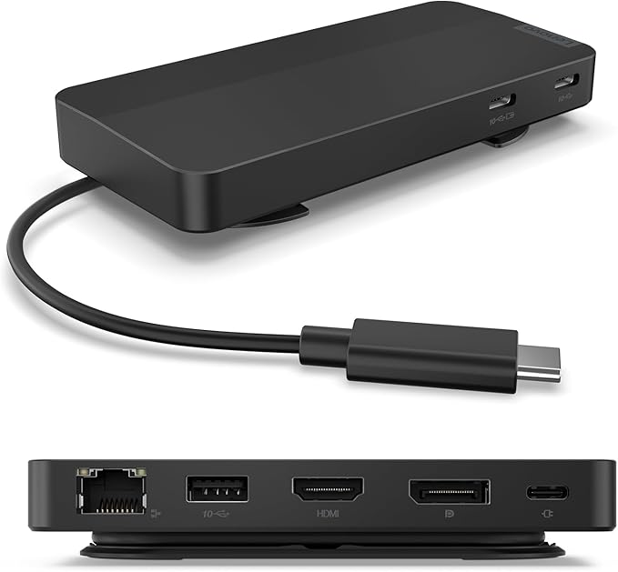 Lenovo USB-C Dual Display Travel Dock - 7 Ports Integrated USB-C Cable Universal Compatibility Dual Displays at 4K - Black