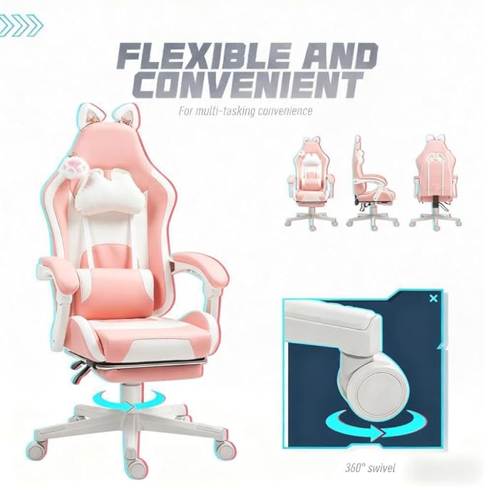 Cute Cat Ears Gaming Chair Girly Ergonomic Computer Chair with High Back 360° Swivel Office Computer Chair with Footrest and Paw Lumbar Cushion for Teens Girls Women (Pink White)