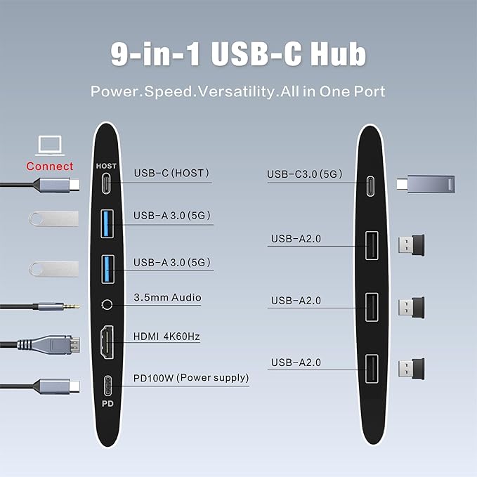 Adjustable Laptop Stand for Desk with Docking Station 9-in-1 Aluminum Laptop Riser with USB Hub 360° Swivel Dual Display 4K60Hz HDMI 3 USB3.0 100W PD Charging for MacBook Pro Air/Dell/HP 7-15.6