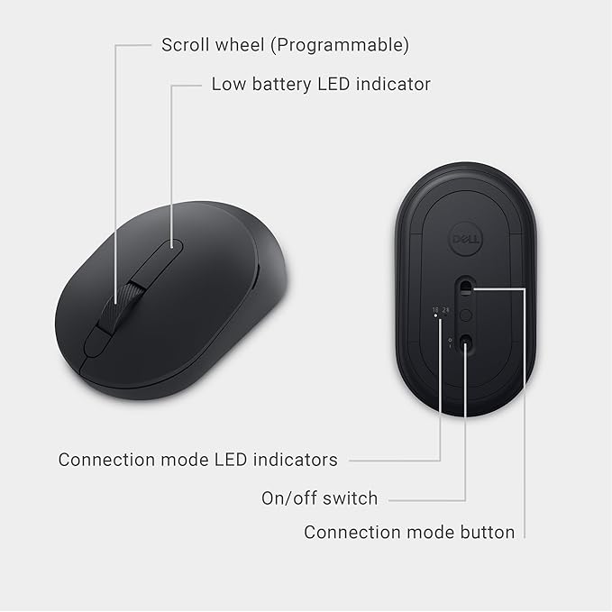 Dell MS5120W Mobile Pro Wireless Mouse – Wireless 2.4GHz Bluetooth 5.0 Microsoft Swift Pair/Dell Pair (Windows 10 &amp 11 only) Optical LED Sensor - Black