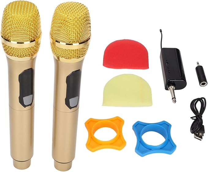 Cuifati Cordless Microphone Dual Digital DynamicMicrophone with Receiver 50m Range 3.5mm AdapterMicrophone with Smart LED Display for Singing Karaoke Meeting Wedding (Gold)